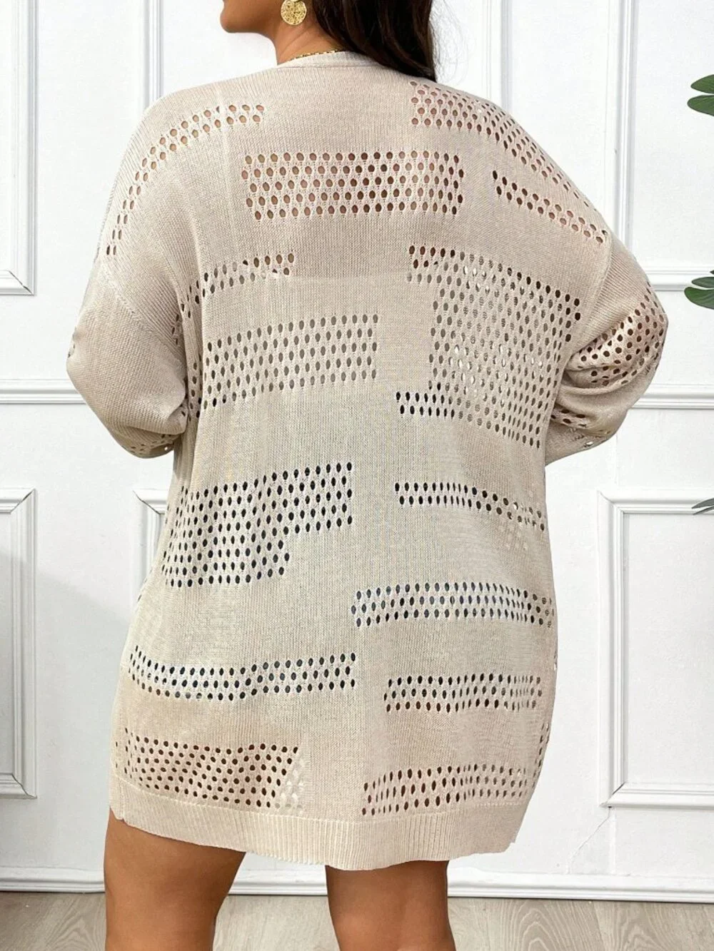 Apricot Casual Women's Loose Drop Sleeve Pointelle Knit Duster Cardigan